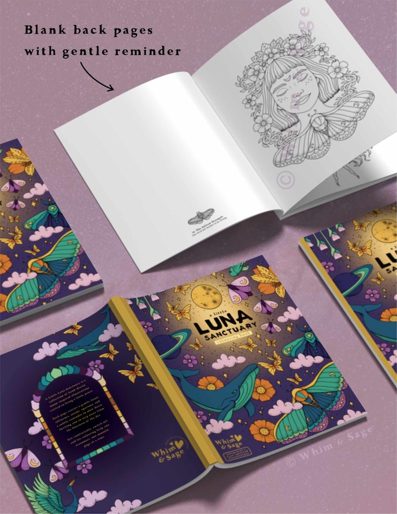 May include: A coloring book titled A Little Luna Sanctuary with a dark purple cover featuring illustrations of a whale, moths, flowers, and a moon. The open book displays a black and white line art illustration of a person surrounded by flowers.