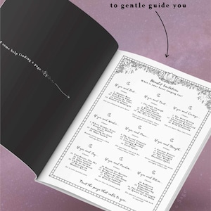 May include: An open book with a black left page featuring white text that reads, "some help finding a page," and a white right page titled "Moonlit Invitations" with a list of categories and numbered items, framed by decorative floral line art.