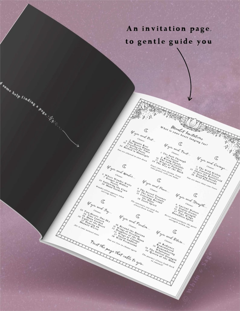 May include: An open book with a black left page featuring white text that reads, "some help finding a page," and a white right page titled "Moonlit Invitations" with a list of categories and numbered items, framed by decorative floral line art.