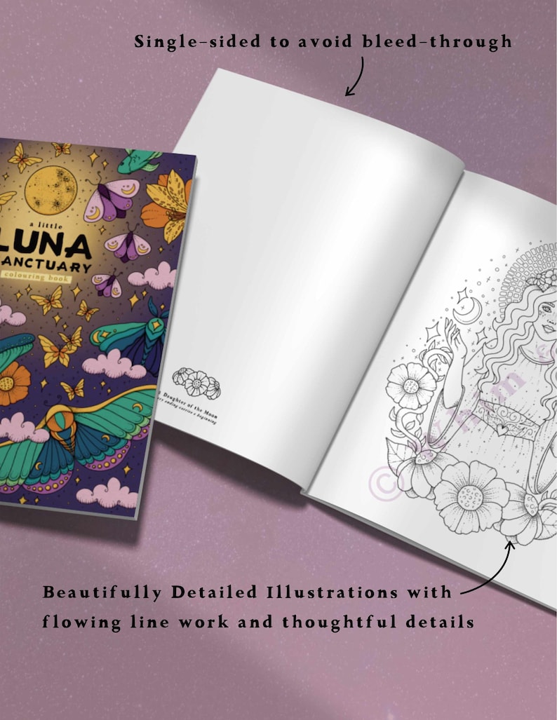 May include: A coloring book titled A Little Luna Sanctuary with a purple cover featuring a moon, moths, and flowers. The open book displays a black and white line art illustration of a figure surrounded by flowers, with text noting single-sided pages.
