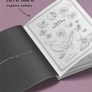 May include: An open coloring book with black and white line art featuring a whale, moths, flowers, and clouds. The text reads Swatch Pages! Lot's of room to explore colour, Practice, Swatch & Play, and to practice & play with a small star graphic.
