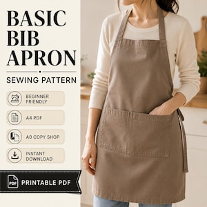 Basic Bib Apron Sewing Pattern PDF, Adult Apron Pattern, Beginner Sewing Pattern, Kitchen Apron Tutorial, A4 A0  Instant Download