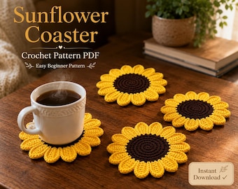 Sonnenblume Untersetzer Häkelanleitung, PDF, Easy Anfänger Häkelanleitung, Instant Download, Cottagecore Wohnkultur, Florales Untersetzermuster