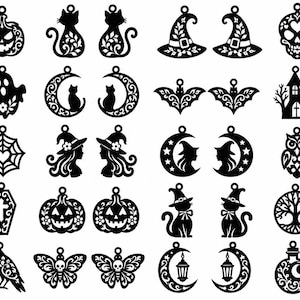 Op de afbeelding: Een collectie van zwart lasergesneden acrylaat hangers met diverse Halloween-thema silhouetten, waaronder pompoenen, katten, heksenhoeden, schedels, geesten, manen, vleermuizen, spookhuizen, spinnenwebben, uilen, doodskisten, bomen en lantaarns.