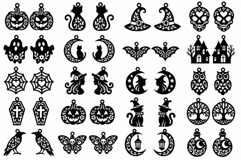 Op de afbeelding: Een collectie van zwart lasergesneden acrylaat hangers met diverse Halloween-thema silhouetten, waaronder pompoenen, katten, heksenhoeden, schedels, geesten, manen, vleermuizen, spookhuizen, spinnenwebben, uilen, doodskisten, bomen en lantaarns.