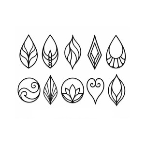 Op de afbeelding: Een verzameling van tien afzonderlijke zwarte lijntekeningen gerangschikt in twee rijen. De vormen omvatten diverse bladachtige motieven, een ruit, een cirkelvormige yin-yang-werveling, een lotusbloem en een hart, allemaal met zwarte lijnen.