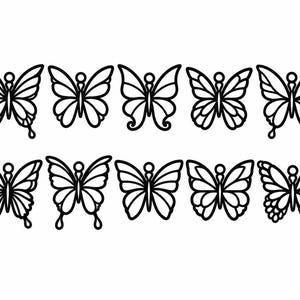Può includere: Una collezione di dieci distinte sagome di farfalle nere disposte in due file da cinque. Ogni farfalla presenta un motivo alare unico con contorni audaci, forme variegate e complessi segmenti interni, il tutto su uno sfondo bianco.