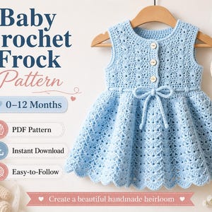 May include: A light blue crochet baby frock with a scalloped hem, a tie waist, and three buttons on the bodice. The text reads Baby Crochet Frock Pattern, 0-12 Months, PDF Pattern, Instant Download, Easy-to-Follow, and Made with Love.