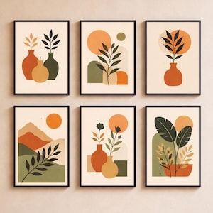 May include: Set of six framed art prints featuring abstract botanical designs. Each print showcases vases, leaves, and geometric shapes in earthy tones of orange, green, and beige. The artwork is framed in black.