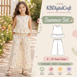 Patrón de costura en PDF para top y pantalón peplum de niña, tutorial de ropa para bebés ideal para principiantes, descarga digital de atuendo de verano.