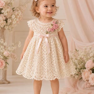 Patron PDF de robe bébé au crochet, robe en dentelle traditionnelle, roses, de la naissance à 24 mois, téléchargement instantané