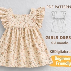 May include: A beige floral print baby dress with ruffled sleeves. The dress is designed for babies 0-3 months old. The image also includes a line drawing of the dress and text that says "PDF Pattern" and "Beginner Friendly".