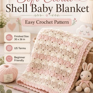Puede incluir: Un patrón de ganchillo para una manta de bebé Soft Cloud Shell con un tamaño final de 76,2 x 91,4 cm. La manta presenta un patrón de punto de concha repetido en rayas alternas de hilo crema y rosa suave, con un borde rosa a juego.