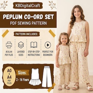 Kids Ruffle Blouse & Culottes Pants PDF Sewing Pattern Set, Sleeveless Top, Lounge Outfit, Sizes 2-16Y