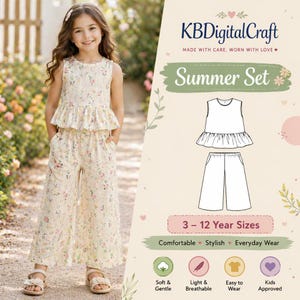 May include: A young girl wearing a floral print summer set. The set includes a sleeveless top with a ruffled hem and wide-leg pants. The image also shows a graphic with the text "Summer Set" and "3-12 Year Sizes".