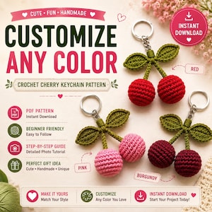 Crochet Cherry Keychain Pattern PDF, Beginner Amigurumi Cherry Bag Charm, Fruit Keyring Tutorial