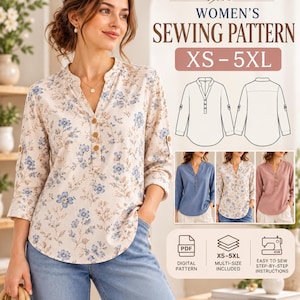 May include: A sewing pattern for a long-sleeve shirt with a V-neckline, button placket, and roll-up sleeves. The pattern features a floral print in blue and brown on a cream background. Includes text: WOMEN'S SEWING PATTERN XS - 5XL, PDF, DIGITAL PATTERN, MULTI-SIZE INCLUDED, EASY TO SEW STEP-BY-STEP INSTRUCTIONS.