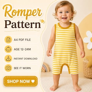 Puede incluir: Un patrón de costura digital para un pelele sin mangas con rayas horizontales amarillas y blancas. El texto incluye 'Romper Pattern', 'A4 PDF File', 'AGE 12-24M', 'INSTANT DOWNLOAD', 'SEE IT WORN' y 'SHOP NOW'.