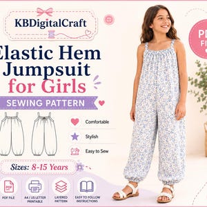 May include: A digital sewing pattern for an elastic hem jumpsuit for girls, labelled KBDigitalCraft. The pattern includes a PDF file, A4/US letter printable options, and layered instructions for sizes 8-15 years, featuring a floral jumpsuit.