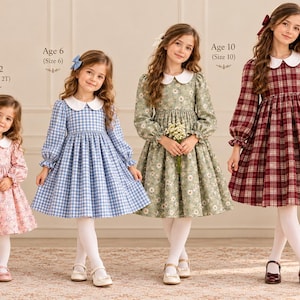 May include: Four long-sleeved dresses with white Peter Pan collars and white tights. The first is pink floral, the second is blue gingham, the third is sage green floral, and the fourth is a red and white plaid pattern. Text labels indicate sizes.