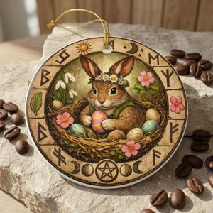 May include: A round ceramic ornament featuring a brown rabbit wearing a flower crown and holding a decorated Easter egg. The ornament has a gold string for hanging and is surrounded by a circular design with runes, flowers, and moons.