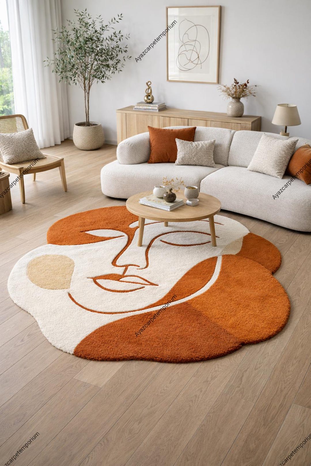 Abstract Face Hand Tufted Rug, Terracotta Ivory Modern Art Area Rug ...