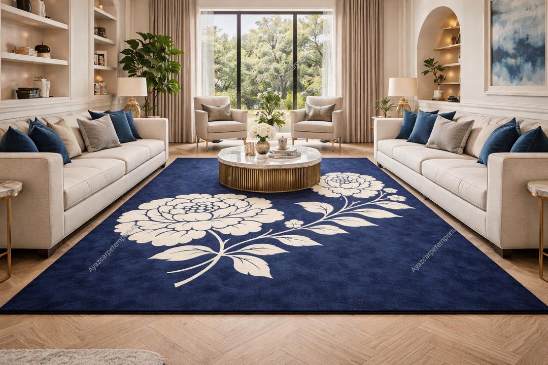 Navy Blue Floral Hand Tufted Rug for Living Room, Ivory Botanical Wool ...