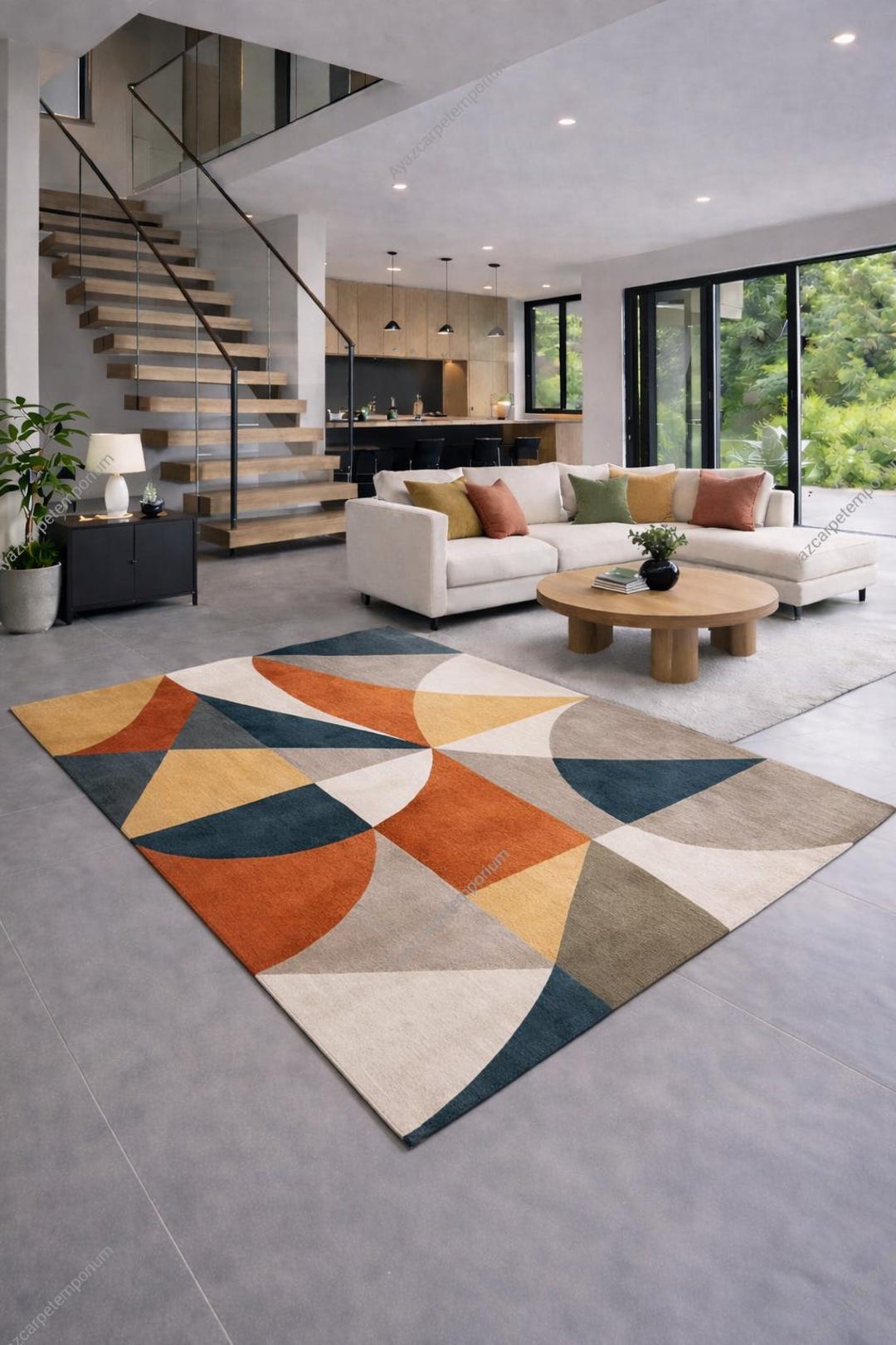 Modern Wool Area Rug for Living Room, Hand Tufted Geometric Abstract ...