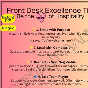 Pode incluir: Infográfico vertical com fundo gradiente amarelo e rosa, apresentando dicas para a excelência na recepção. Apresenta sete pontos-chave para a hospitalidade, como sorrir, liderar com compaixão e ser um jogador de equipe. Inclui as palavras "Instant pdf" e "Bilingue".