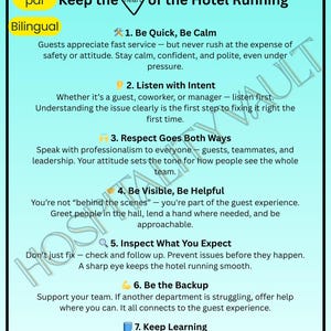 May include: A teal and black infographic titled "Engineering Excellence Tips" with the text "Keep the heart of the Hotel Running." It includes seven tips for hotel staff, such as "Be Quick, Be Calm" and "Listen with Intent."