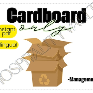 Pode incluir: Gráfico com as palavras "Cardboard only" em preto, com uma ilustração de uma caixa de cartão castanha. A imagem também inclui o texto "Instant pdf" e "Bilingual" em ovais amarelos, e "-Management" em preto.