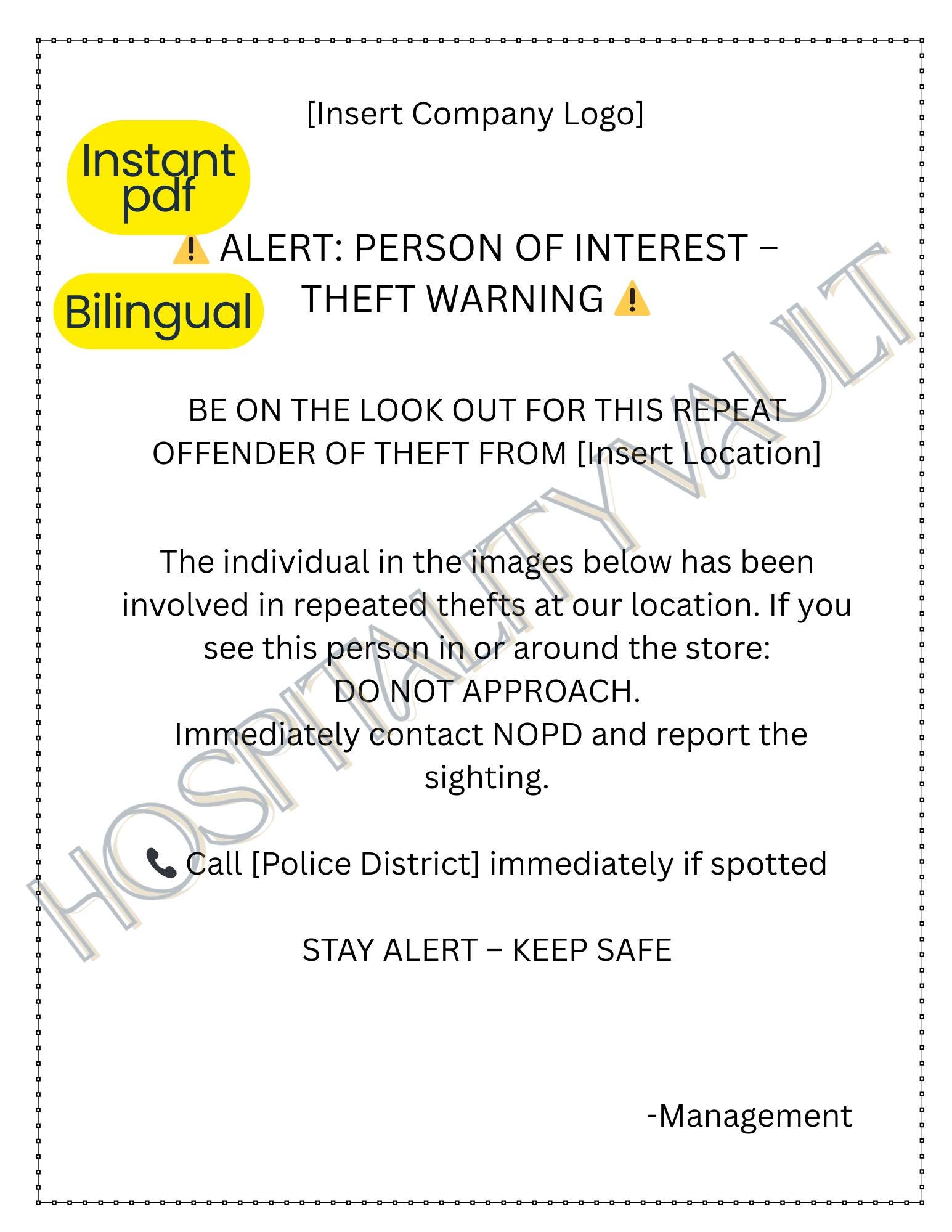 Theft Alert Person of Interest Sign | Bilingual English Spanish ...