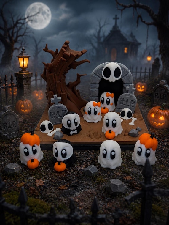 Spooky Ghost Graveyard Diorama | Halloween Shelf Display, Haunted Cemetery Decor