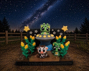 Diorama de abducción de vaca alienígena – Decoración de escritorio con escena nocturna de ovnis impresa en 3D
