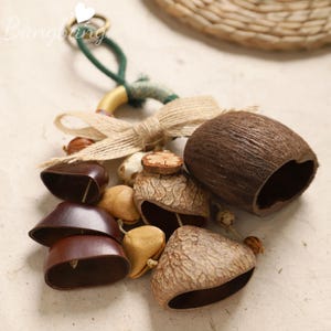 May include: A collection of natural decorative elements, including brown bell-shaped objects, seed pods, and a jute bow. A green and yellow loop with the word "Bangbang" is at the top. The items are arranged on a light-colored surface.