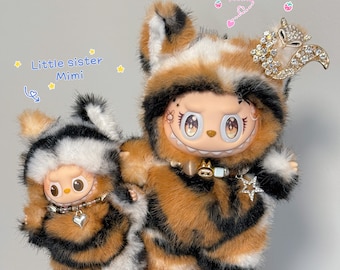 OOAK Tiger Stripe Kitty Plush Sister Pair | Handmade Soft Art Dolls | Magnetic Tail