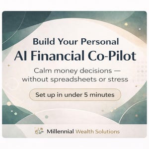 Può includere: Grafica quadrata con sfondo verde acqua e bianco. Il testo recita "Build Your Personal AI Financial Co-Pilot". Il testo aggiuntivo recita "Calm money decisions - without spreadsheets or stress". C'è anche scritto "Set up in under 5 minutes."