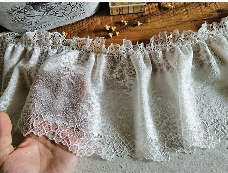 3 meter 15cm 5.9 wide ivory elastic mesh ruffled pleated fabric embroidered lace trim ribbon tapes S40C20R201113V