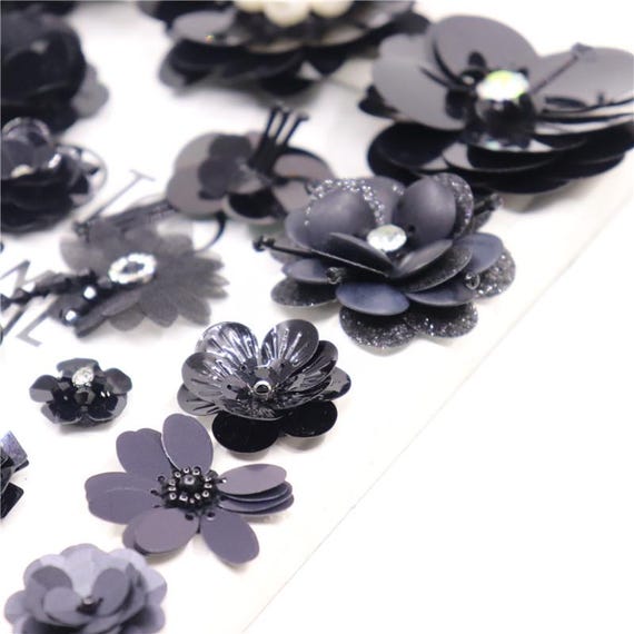 Bundle of 3 Vintage Beaded Sequin Appliques Flower Bows 3-10pcs Handmade Nail Black Flower Sequins Beads Cloth  main image 2