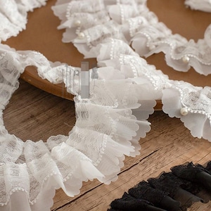5 yardS 5cm 1.96" wide ivory/black mesh beads ruffle pleat lace trim ribbon collar dress skirt pants hat edge accessories T31P401P250623C