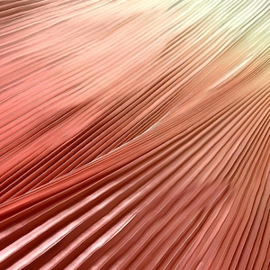 May include: Close-up of pleated fabric with a colour gradient. The fabric shifts from light yellow-green at the top to deep coral-red at the bottom. The pleats form a textured, diagonal pattern across the image.