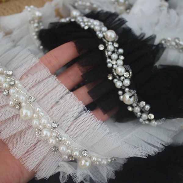 1 meters 6cm 2.36" wide black/ivory beads Rhinestones mesh ruffle pleat wedding dress edging decoration lace trim ribbon T27X474U240429H