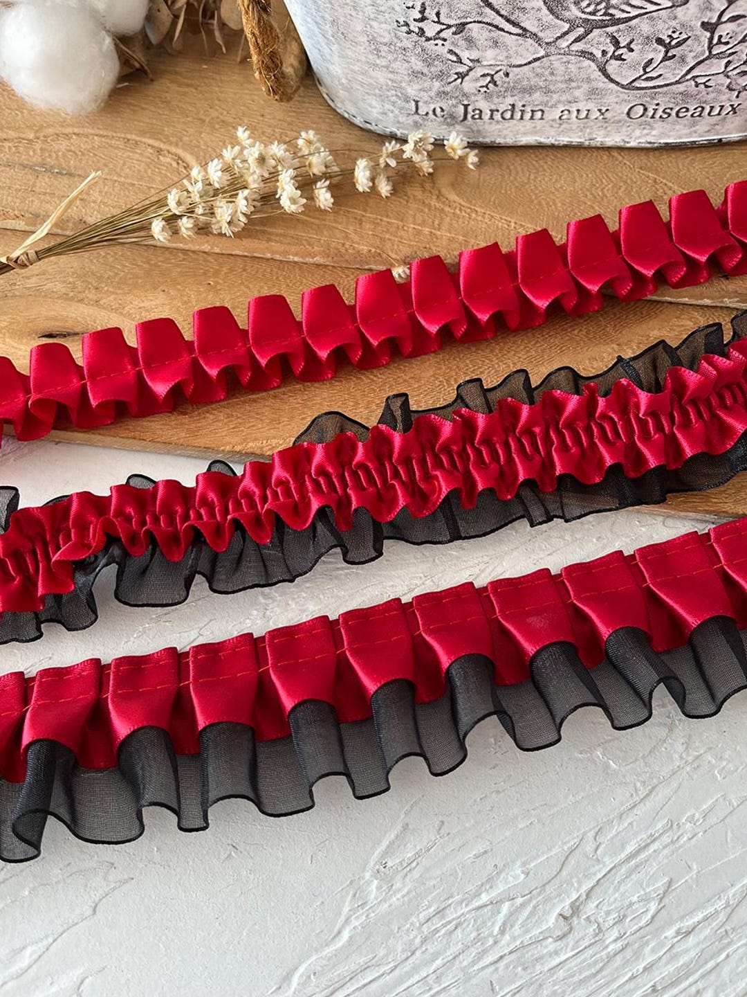 Red Ribbon Ruffle Trim Black Red Tulle Wrinkle Ruffle Satin Lace Trim Ribbon Fabric DIY Child ...
