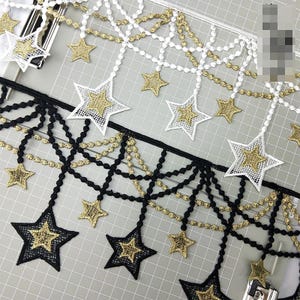 2ヤード 14.5 cm 5.7インチ幅 ブラック/ホワイト/ゴールド スタータッセルフリンジ生地 刺繍 ウェディングドレス DIY スカート シャツ レーストリムリボン F34R17P230717C
