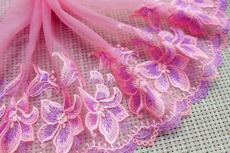 5 yard 17cm 6.69 wide pink tulle mesh gauze fabric embroidered tapes lace trim ribbon B4R1394L0616P