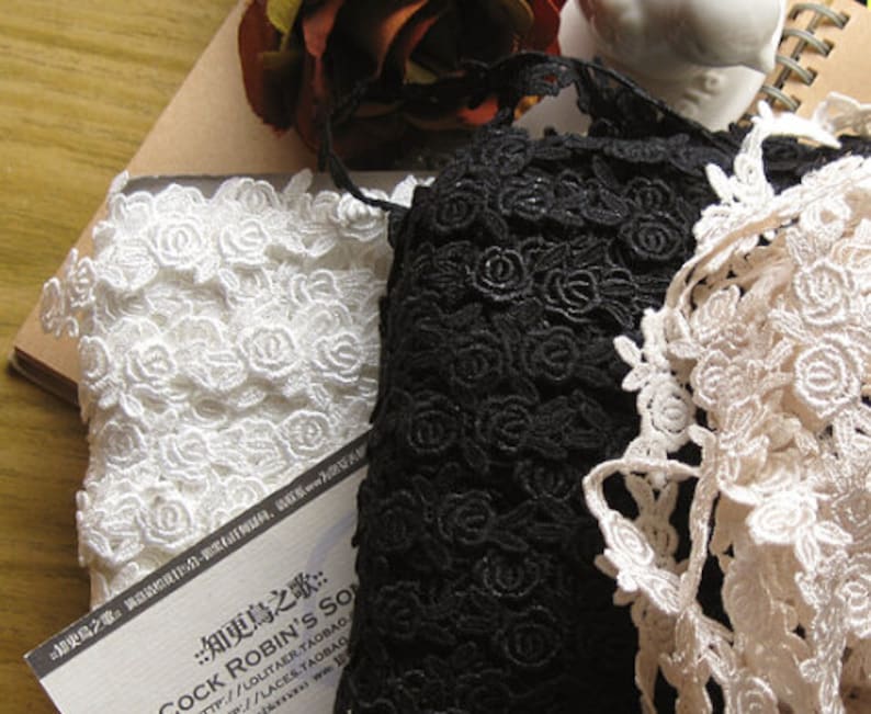 10 yards 2cm 0.78 wide black/ivory/beige rose fabric embroidery child clothes skirt shirt dress edged lace trim tapes ribbon T19X88K200315B image 2