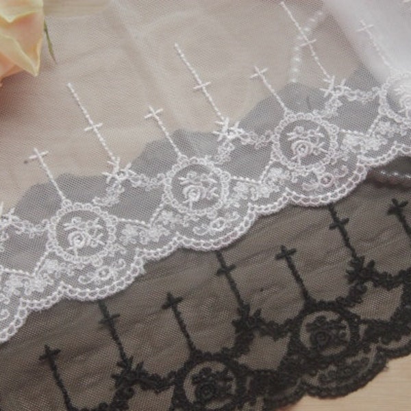 10 yard 12cm 4.72" wide black/ivory tulle mesh gauze fabric embroidery tapes lace trim ribbon FC10HB108123EW