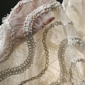 Può includere: Primo piano di un tessuto bianco sporco trasparente con dettagli intricati. Il tessuto presenta strati di tulle delicato ed è adornato con abbellimenti strutturati in rilievo. Il design suggerisce un tema nuziale o di abbigliamento formale.