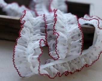 May include: A white ruffled trim made of sheer mesh fabric featuring a delicate floral pattern in pink and green. The edges of the ruffles are finished with a decorative red scalloped stitch, creating a textured and layered appearance.