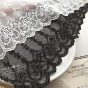 5ヤード 15 cm 5.9インチ幅 ブラック/アイボリー ハート ローズ ガーゼ 刺繍 DIY 子供用スカート ドレス シャツ 縁取り素材 レース トリム リボン T19X13K200310Y